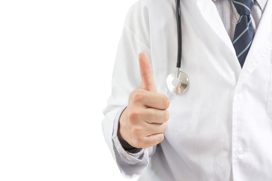 Doctor's hands with thumbs up isolated on white background