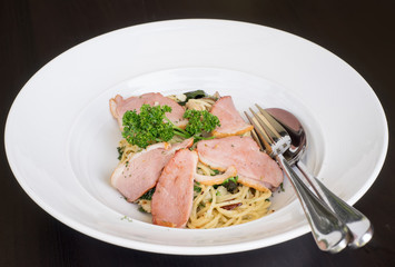 Spaghetti with duck breast