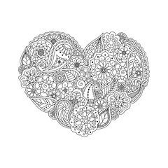 Vector heart of floral doodle elements. Floral background. Coloring book page for adult