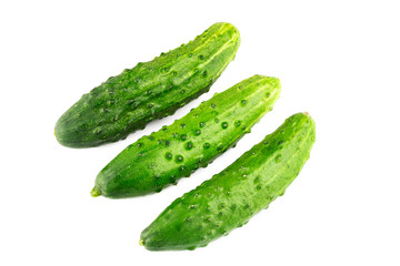 Three fresh cucumbers isolated on white background, close-up view