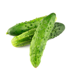 Three fresh cucumbers isolated on white background, close-up view