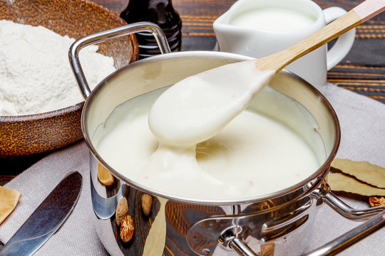 bechamel sauce in a pan and ingredients