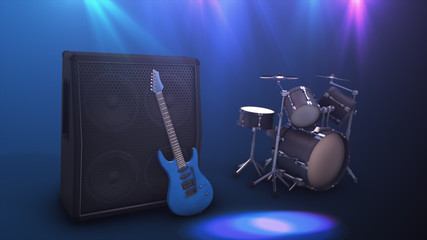 Blue electric guitar with a large combo and drum set 3d illustration