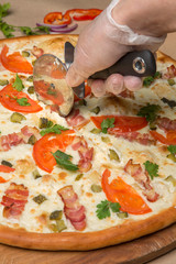 the pizza is cut with a special knife
