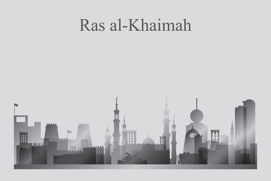 Ras al-Khaimah city skyline silhouette in grayscale
