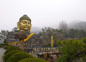 Landscape view of Big Buddha head statue in Wawoojongsa temple in Korea in spring season