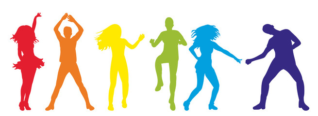  illustration of an isolated silhouette of people dancing, colorful