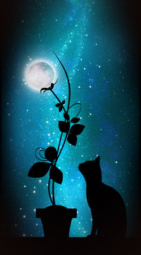 Moon Flower and black Cat cartoon character in the real world silhouette art photo manipulation