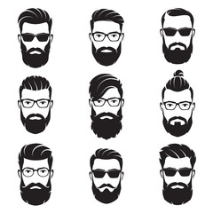 Set of vector bearded men faces hipsters
