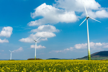 Wind engines in fields of rapeseed seen in Germany