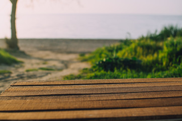 Fototapeta premium wooden floor and summer landscape of sea