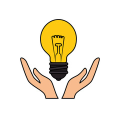 hands with bulb light icon over white background. colorful design. vector illustration