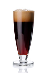 glass of fresh red beer on white.