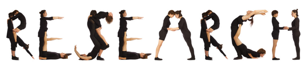 Black dressed people forming word RESEARCH