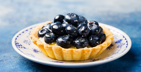 Blueberry tartlet, pie, tart with vanilla custard.