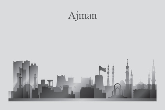 Ajman city skyline silhouette in grayscale