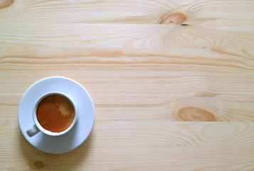 One Cup of Espresso on the Wooden Table, Horizontal Top View Photo with Free Space for Text or Design 