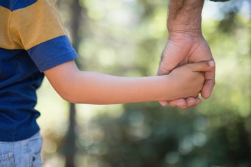Fototapeta premium Mid section of boy holding fathers hand