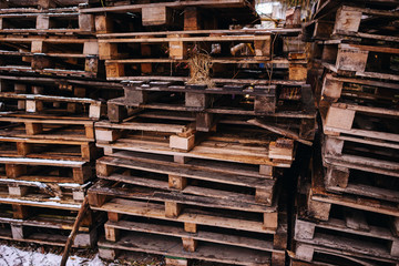 Bunch of old wet wooden pallets on green grass