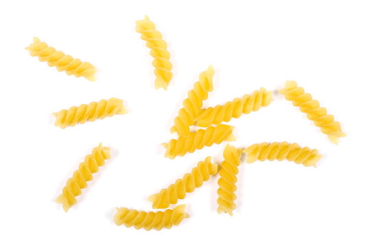 Italian Spiral Shaped Pasta, Macaroni, Isolated On White Background, Top View