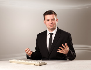 Televison host in live show with blank background