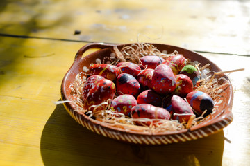 Colorful Easter eggs on ceramic plate wooden table background. Many seasonal traditional religious handmade decoration