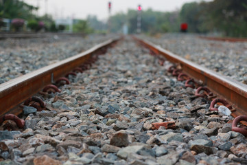 Railroad tracks and railway sleepers.