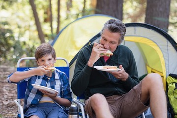 Father and son eating sandwich in forest