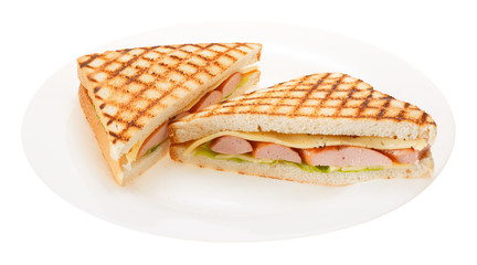 Sausage grilled cheese sandwich with tomato ketchup on a plate. Isolated on white background. 