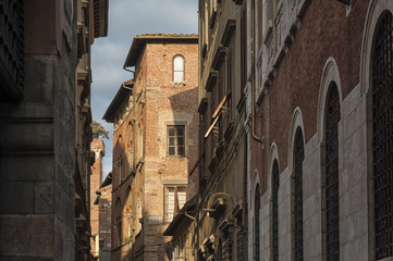 Fototapeta na wymiar Narrow street with typical italian houses in Lucca, Tuscany, Italy