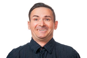 Laughing adult man on white background