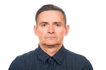 Portrait of serious adult man on white background