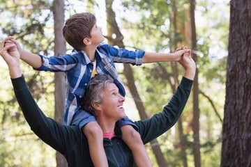 Father carrying son on shoulders while hiking in forest