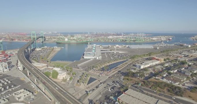 Tracking shot of the Vincent Thomas Bridge in San Pedro, California