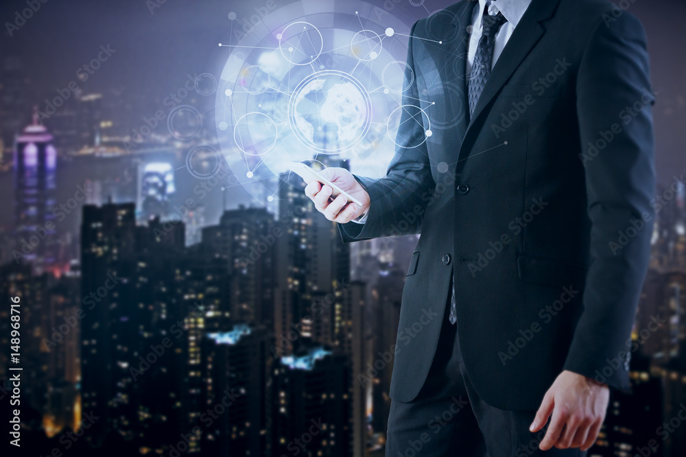 Poster Man using smartphone with business chart