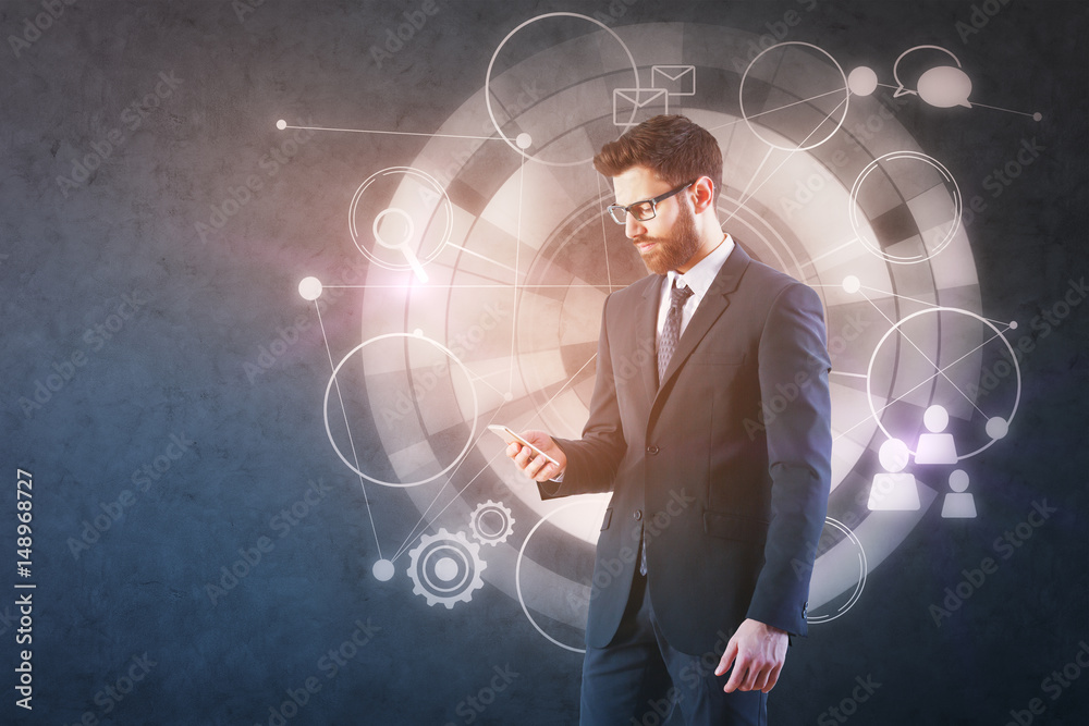 Poster Man using phone with business chart