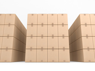 Stacks of cardbord boxes Mockup in white studio, 3d rendering