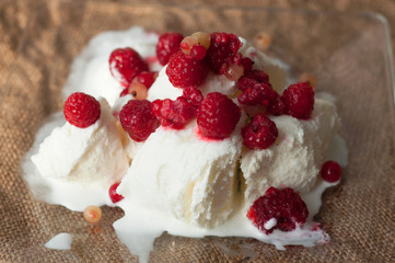Delicious ice cream with fresh frozen raspberries and currant