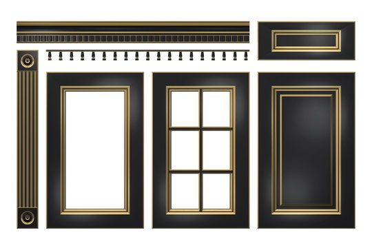 Black with gold door, drawer, column, cornice for kitchen cabinet isolated on white 