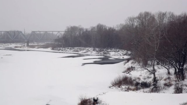 panorama of the winter forest to the bridge over the river