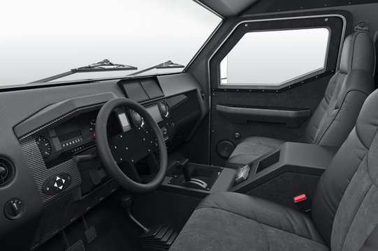 Car interior inside black dashboard. 3D rendering