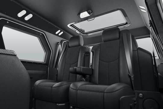 Automobile luxury interior big black leather seats. 3D rendering