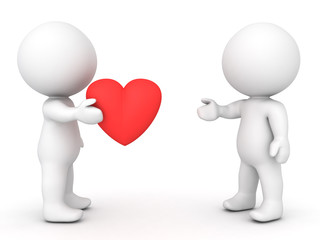 3D Character offering a cartoon red heart to another character