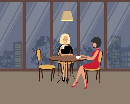 Two girls in the cafe. There is a brunette and a blonde, sitting at the table and drinking coffee on a window background in the picture. Vector flat illustration.