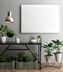 Interior poster mock-up with empty  frame and plants in the room. 3D rendering. - obrazy, fototapety, plakaty