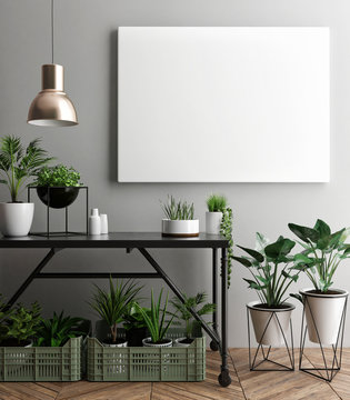 Interior poster mock-up with empty  frame and plants in the room. 3D rendering.