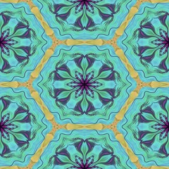 Floral kaleidoscopic ornamental pattern - digitally rendered blue carpeting