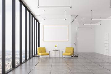 Empty office, yellow armchairs and poster, toned