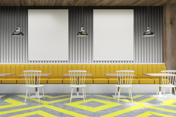 Cafe with posters, gray and yellow