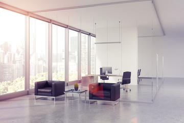 Glass office waiting area, CEO room, toned